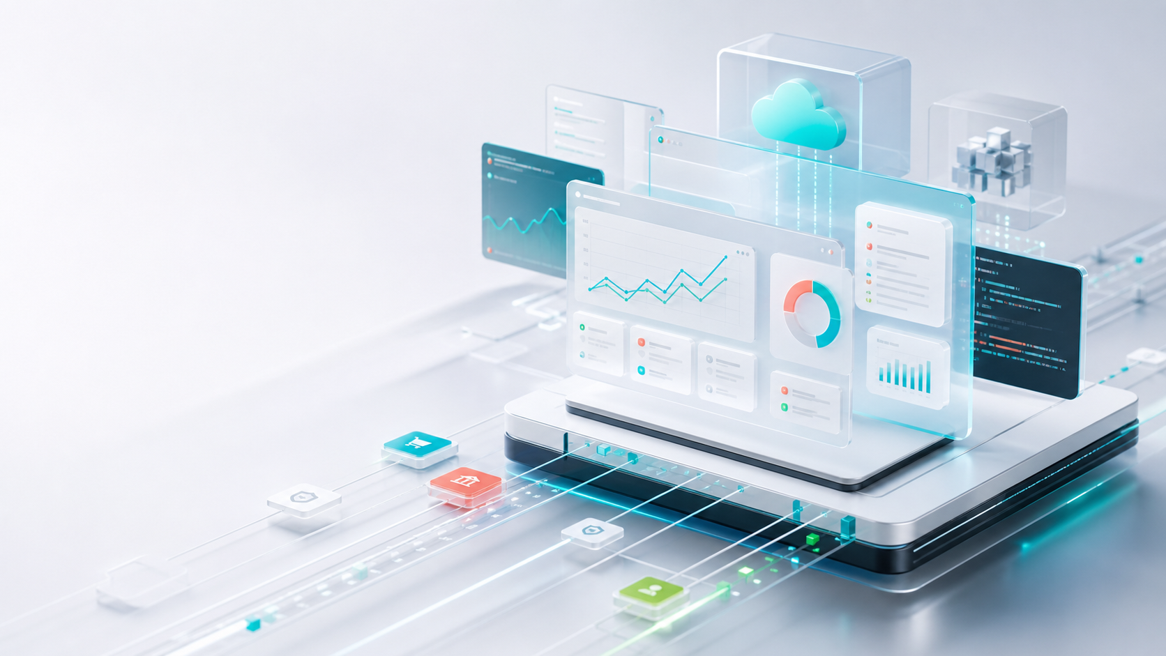 Kurumsal yazılım panelleri ve veri akışlarını gösteren modern platform görseli